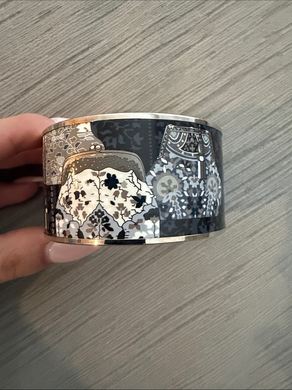 Hermes Wide Patterned Enamel Cuff in Black Gray White